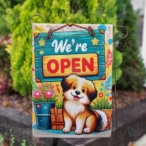 Welcoming Puppy with Open Sign Double Sided Garden Flag