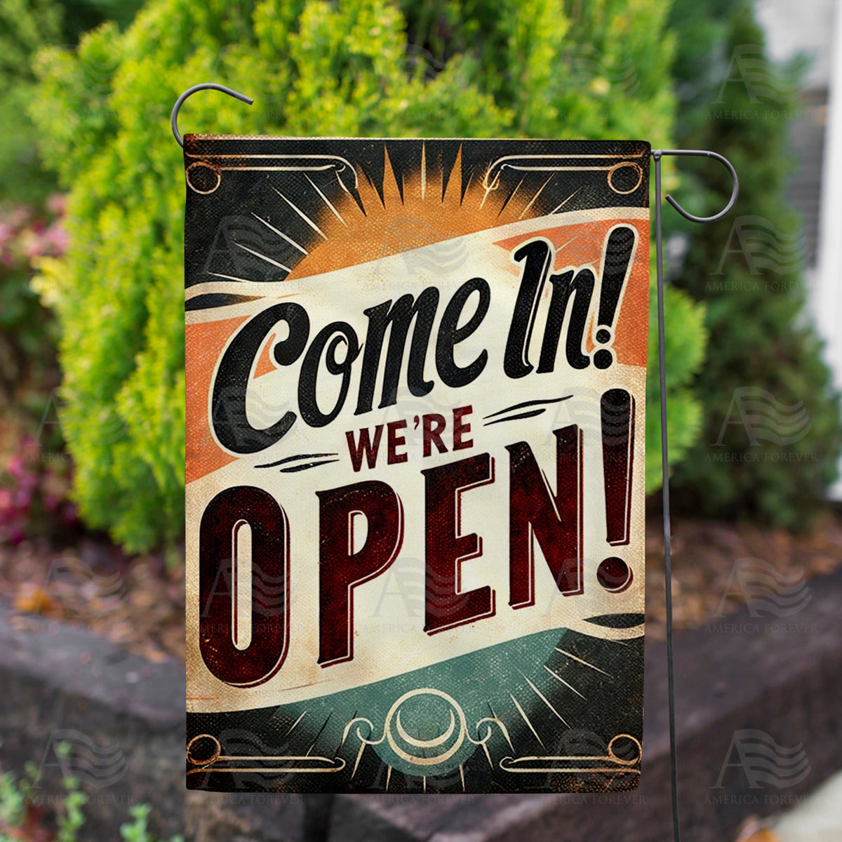 Retro Come In We're Open Sign Double Sided Garden Flag
