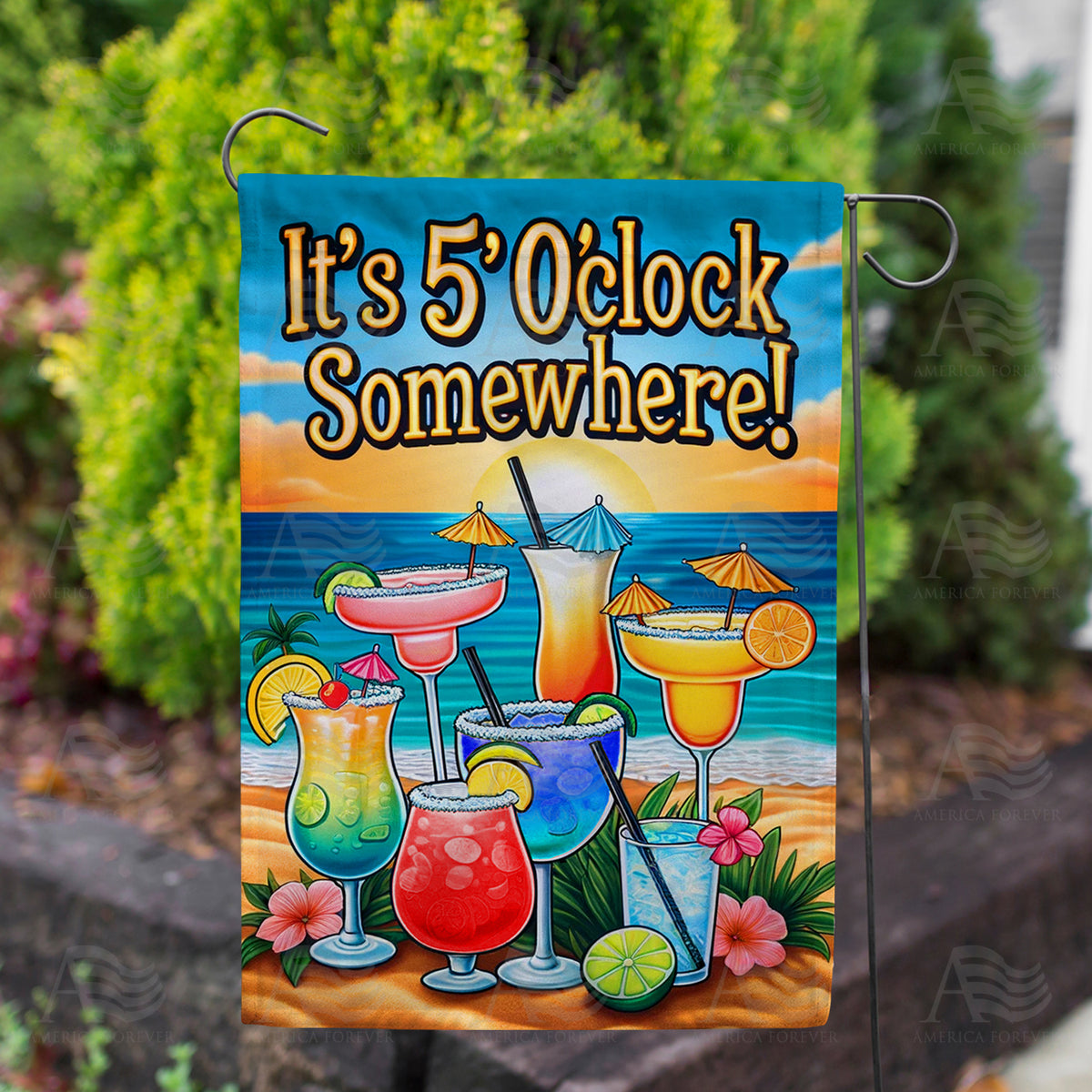 Beachfront Happy Hour Cocktails Double Sided Garden Flag