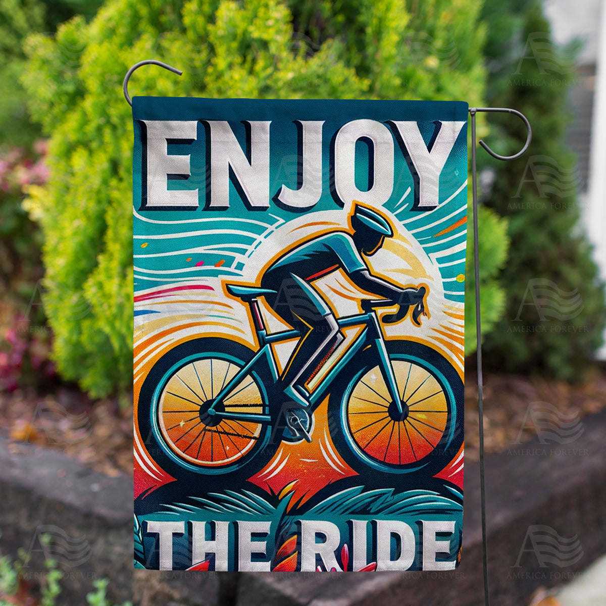 Retro Cyclist Sunset Ride Double Sided Garden Flag