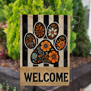 Floral Paw Print Welcome Double Sided Garden Flag