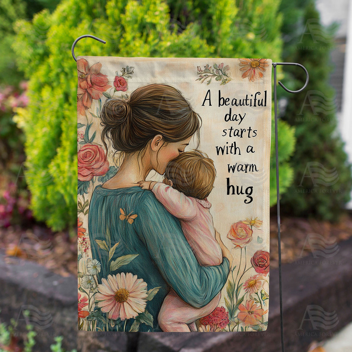 Mother and Child Beautiful Day Butterfly Double Sided Garden Flag