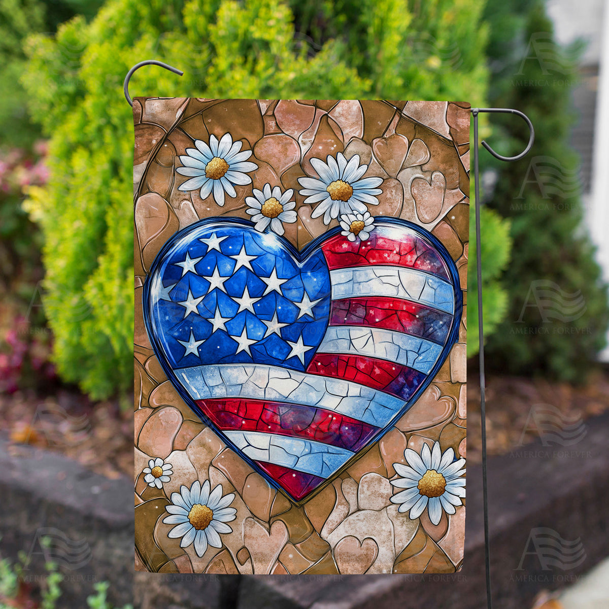 Patriotic Heart Daisies Double Sided Garden Flag