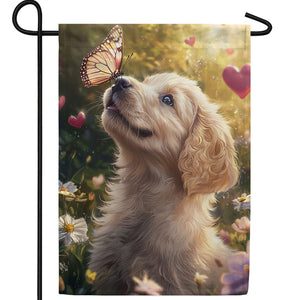 Golden Puppy Butterfly Love Double Sided Garden Flag
