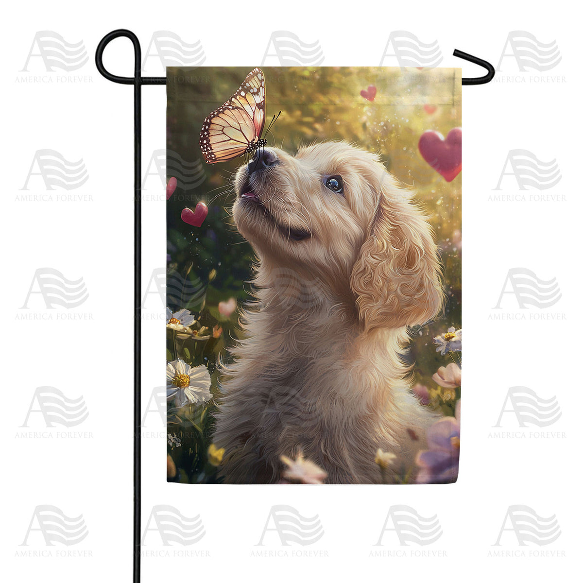 Golden Puppy Butterfly Love Double Sided Garden Flag