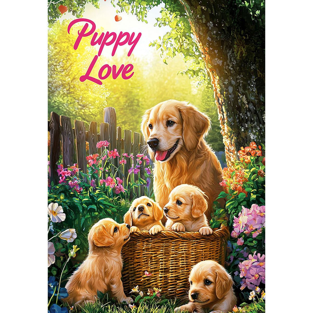 Puppy Love Basket Double Sided Garden Flag