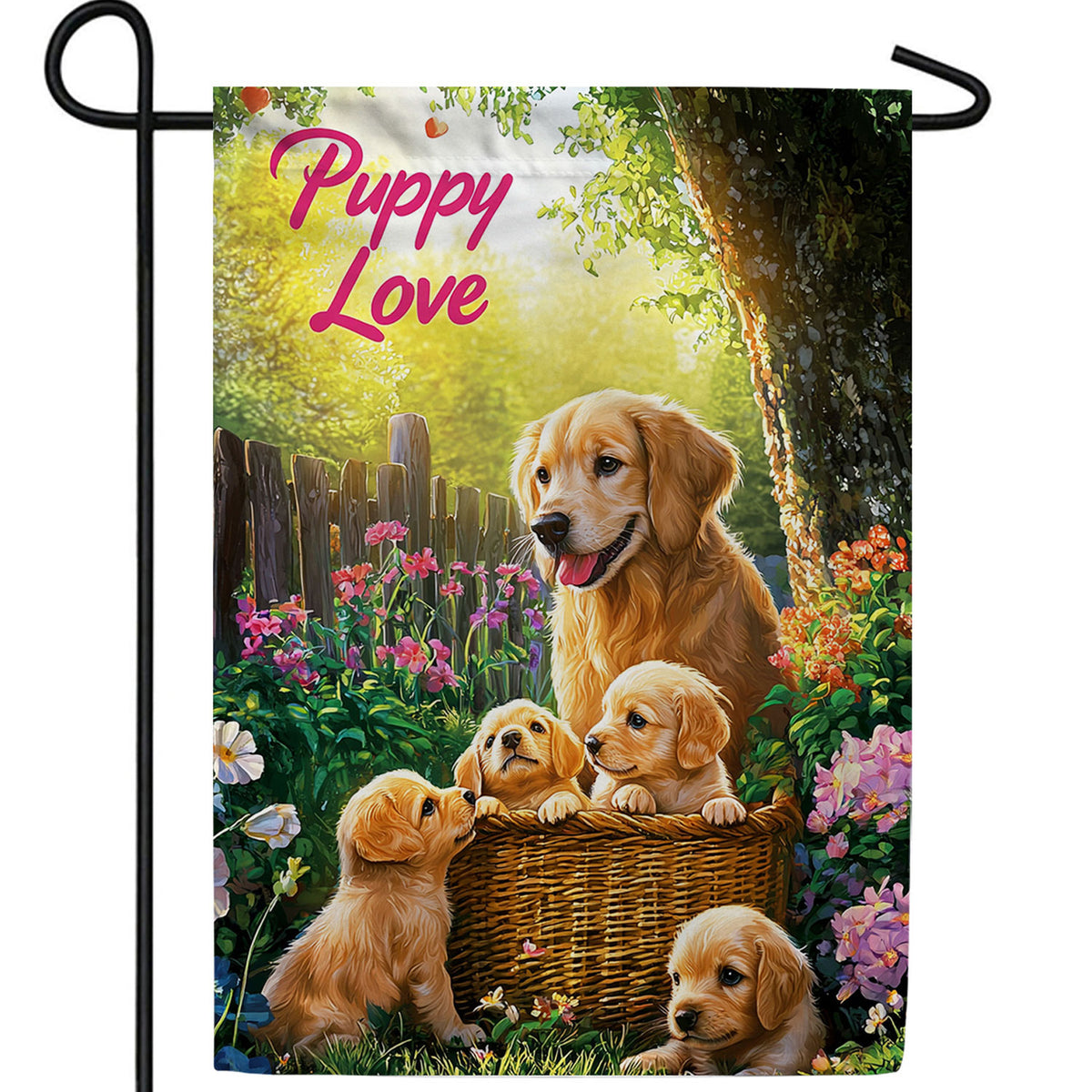 Puppy Love Basket Double Sided Garden Flag