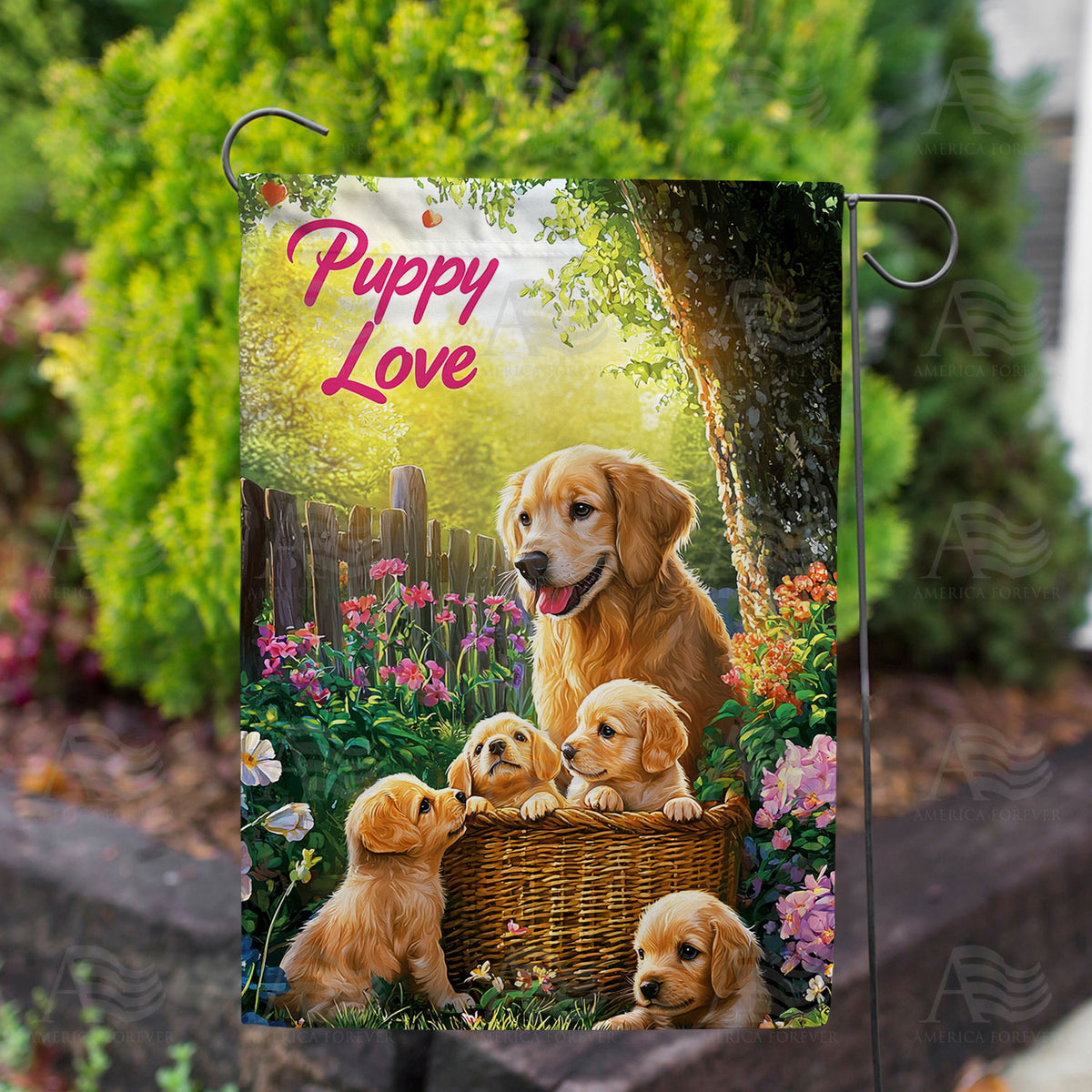 Puppy Love Basket Double Sided Garden Flag
