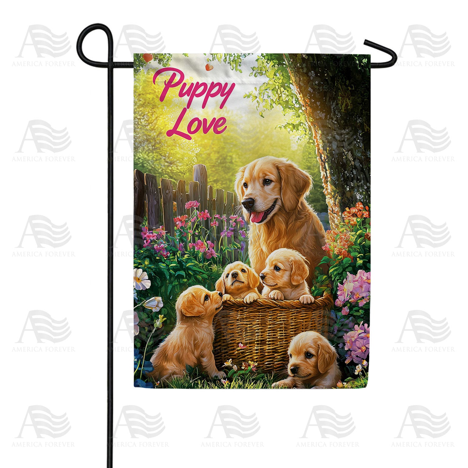 Puppy Love Basket Double Sided Garden Flag
