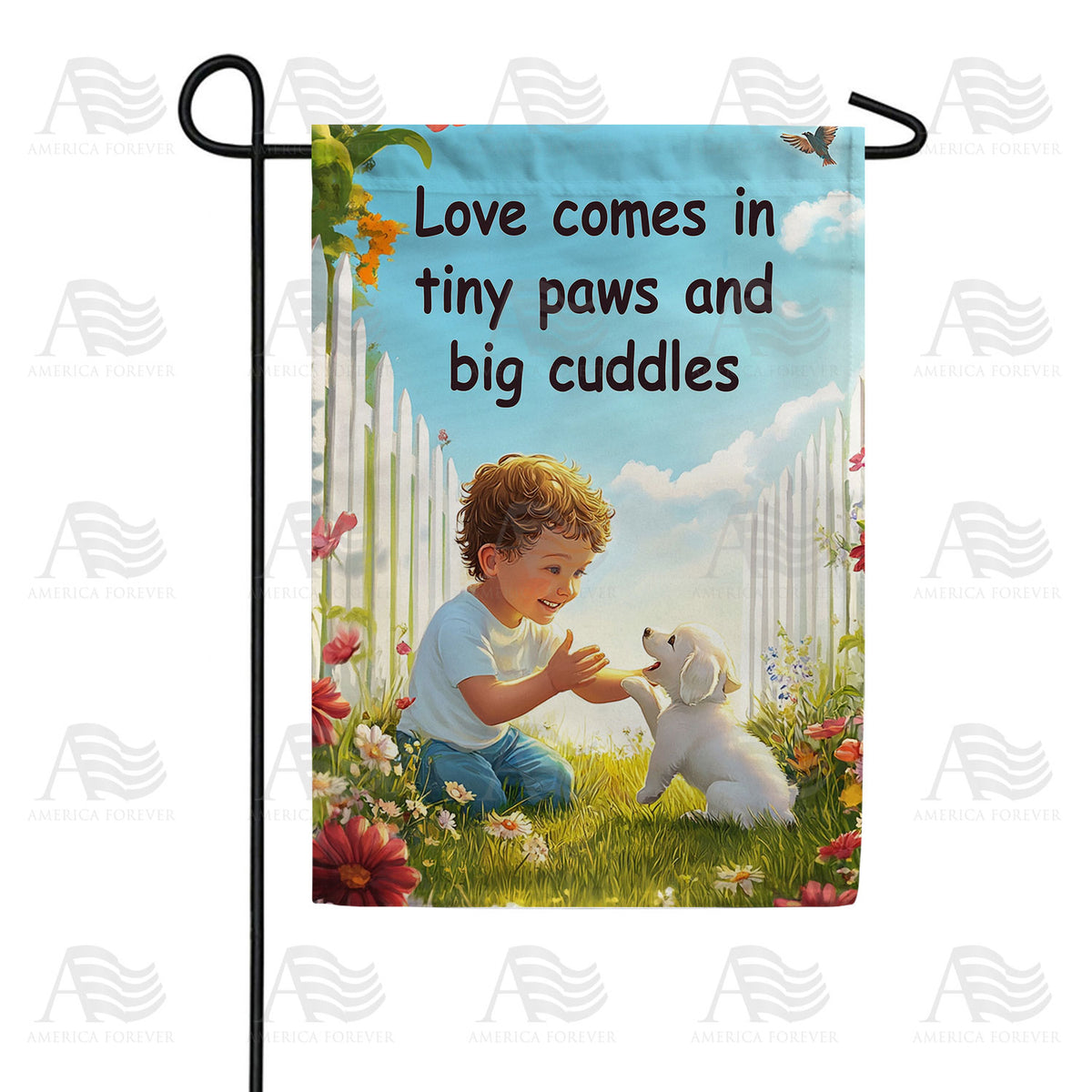 Love Tiny Paws Big Cuddles Picket Fence Double Sided Garden Flag