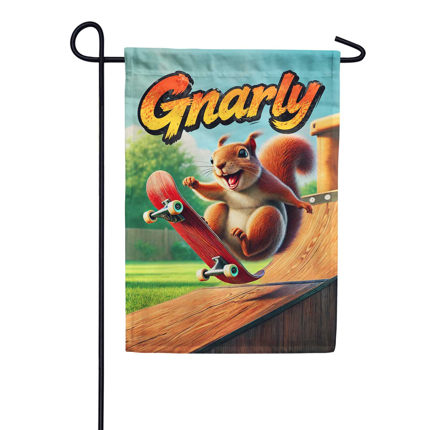 Gnarly Skateboarding Squirrel on Ramp Garden Flag