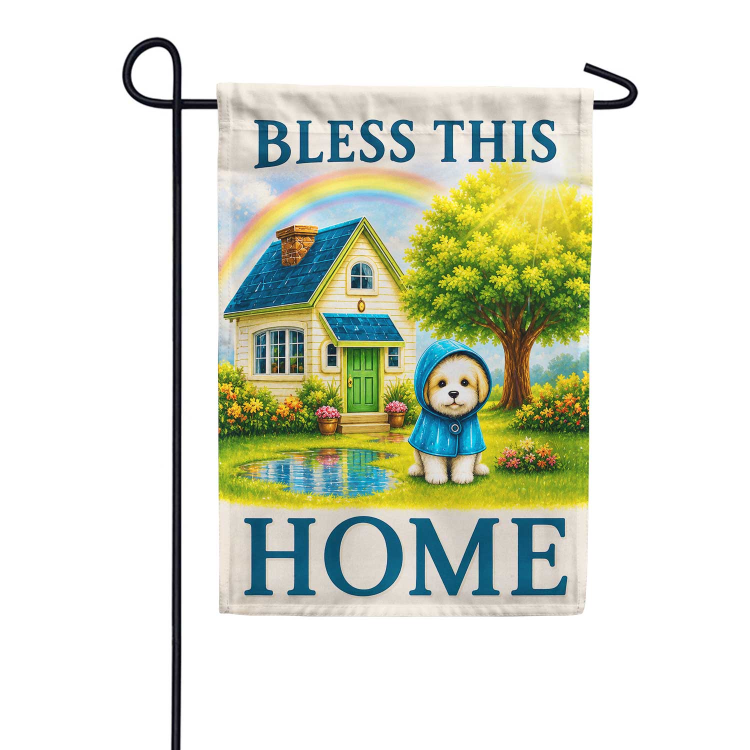 Bless This Home Puppy Raincoat Rainbow Garden Flag