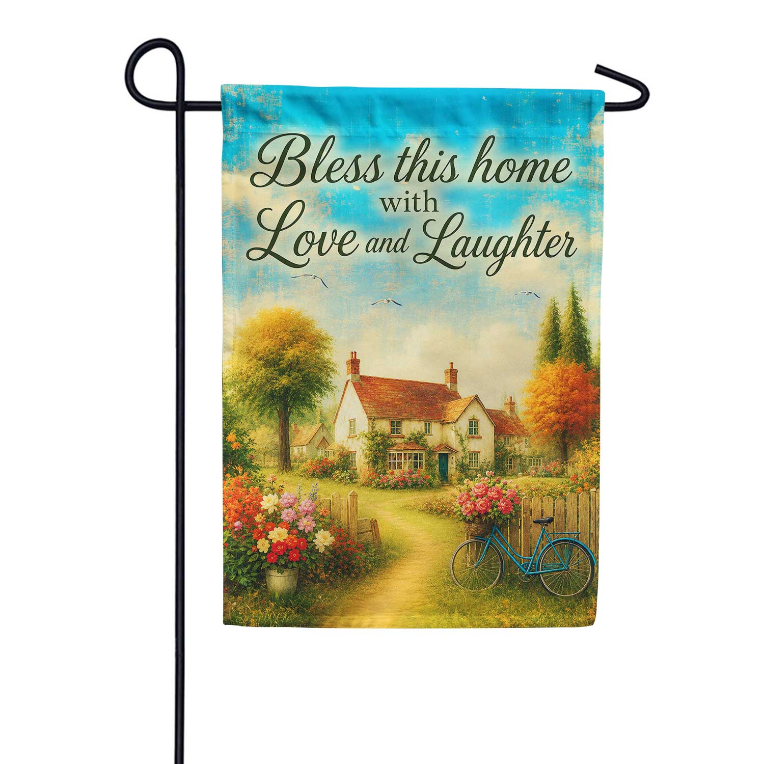 Bless This Home Love and Laughter Cottage Garden Flag