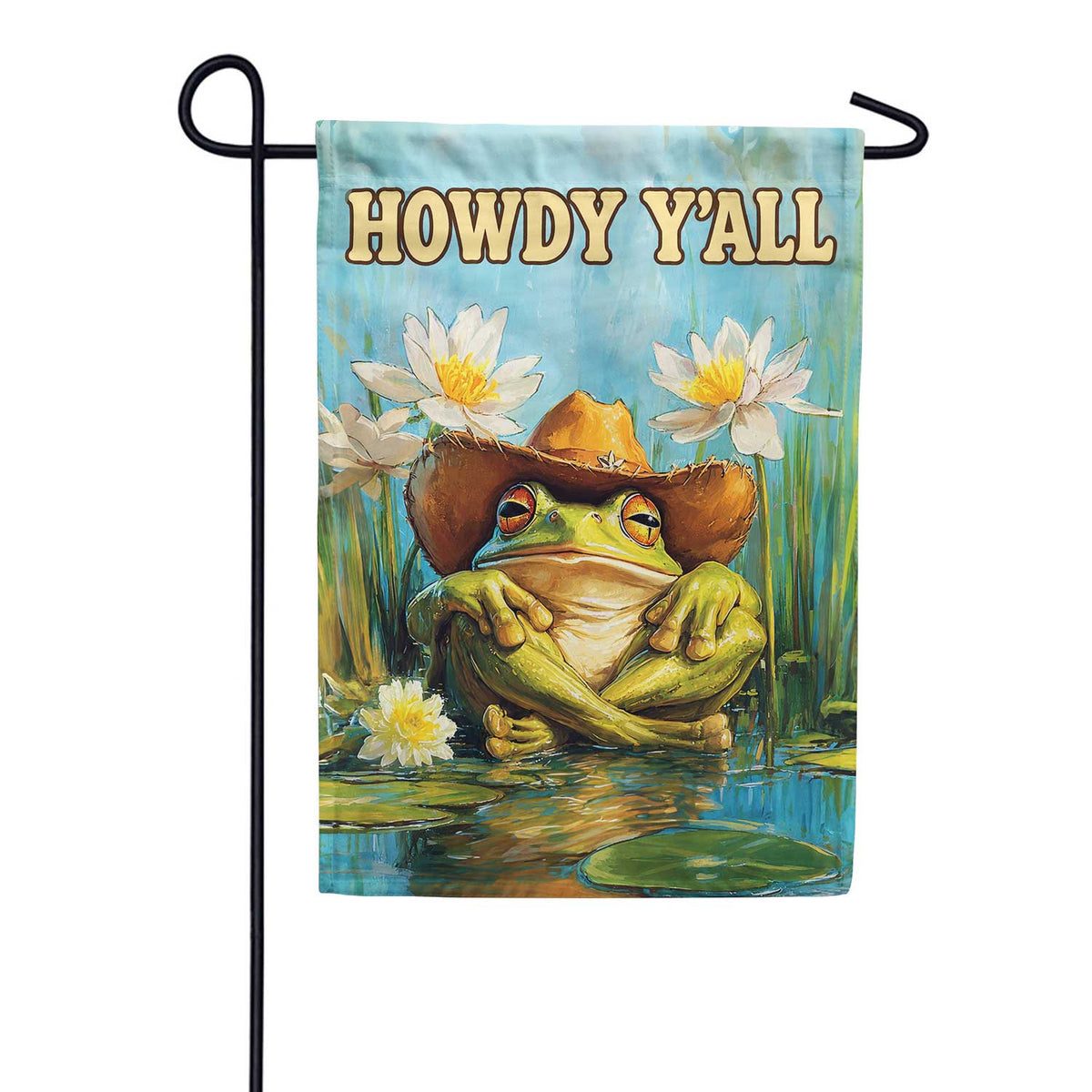 Howdy Y'all Cowboy Frog Lily Pond Garden Flag