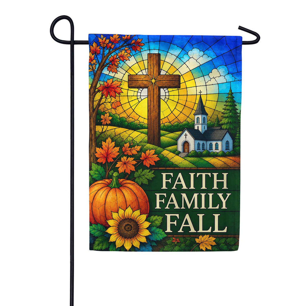 Faith Family Fall Stained Glass Cross Garden Flag