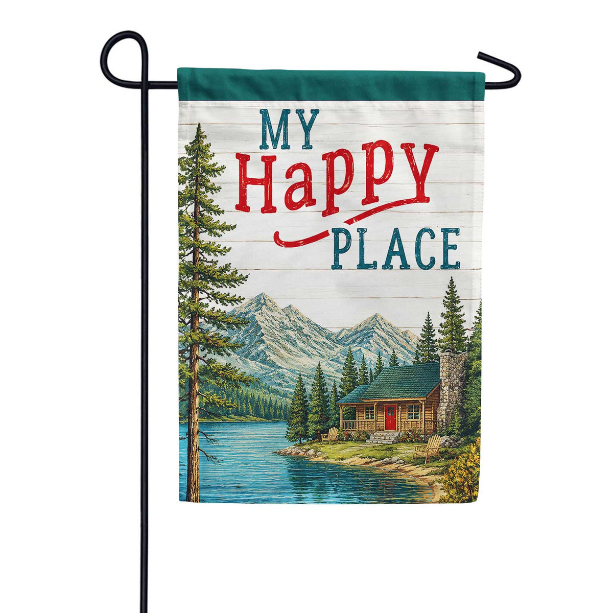 My Happy Place Mountain Cabin Lake Scene Garden Flag