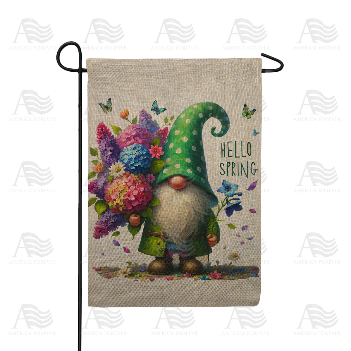 Hello Spring Gnome Double Sided Burlap Garden Flag