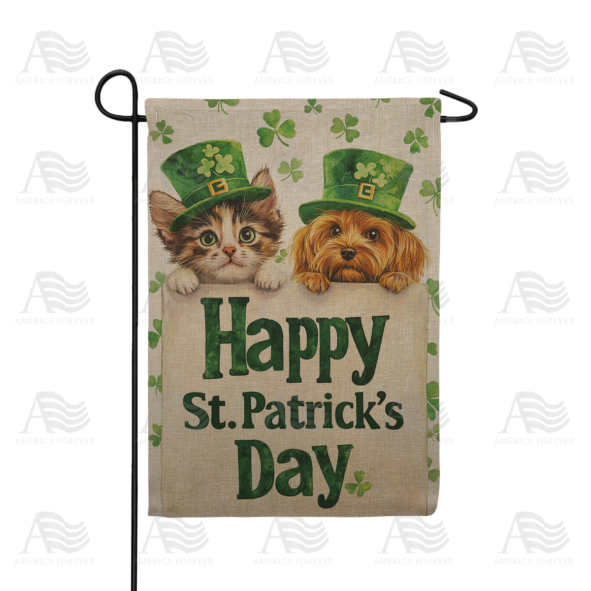 Happy St Patrick's Day Pets Double Sided Burlap Garden Flag