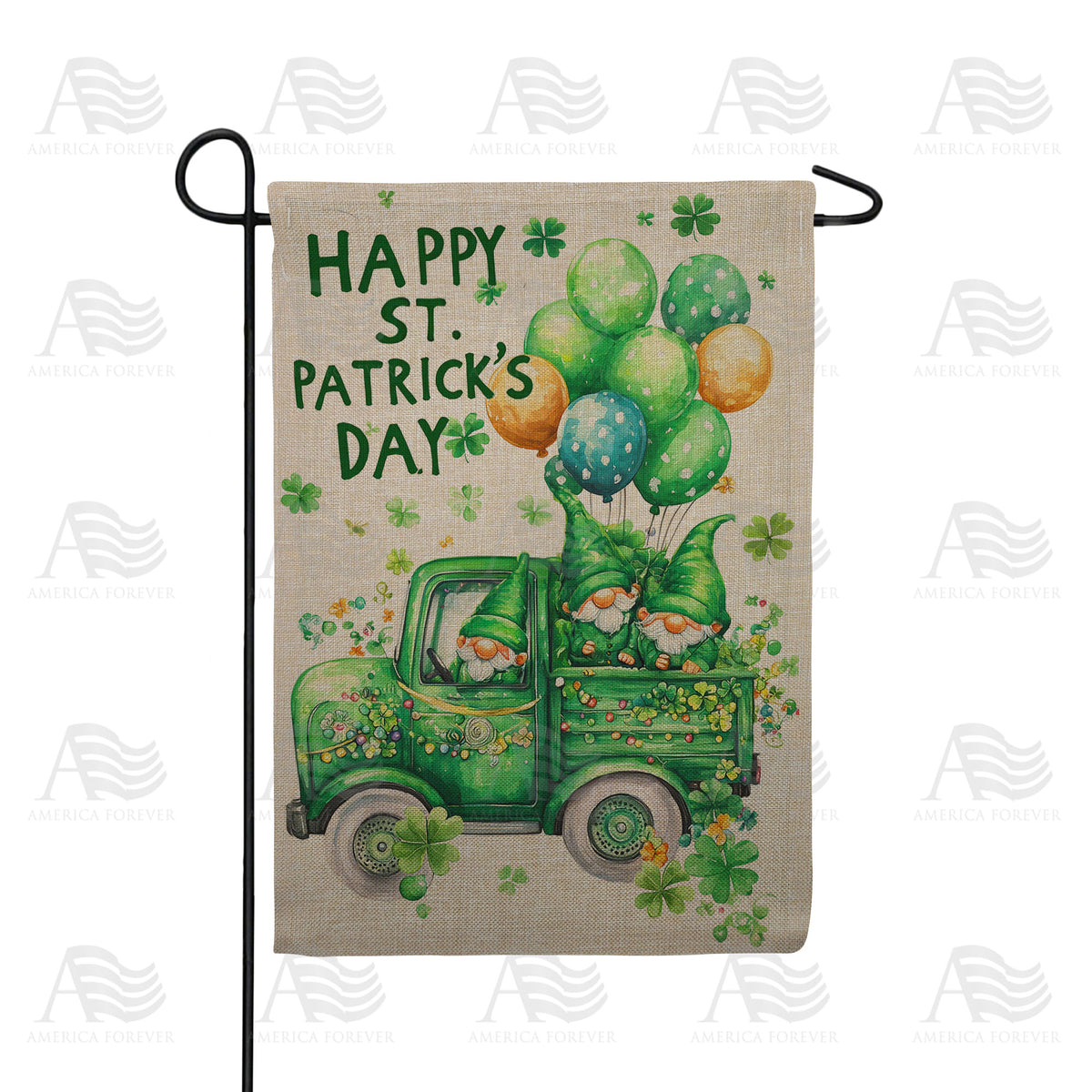 Happy St Patrick's Day Truck Gnomes Double Sided Burlap Garden Flag