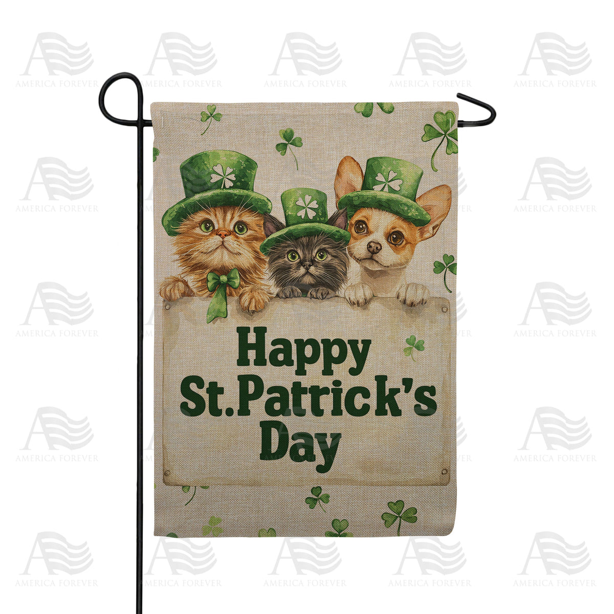 Happy St Patrick's Day Three Pets Double Sided Burlap Garden Flag