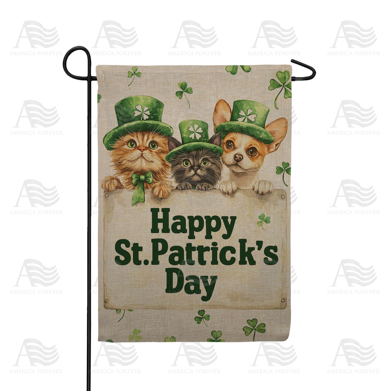 Happy St Patrick's Day Three Pets Double Sided Burlap Garden Flag