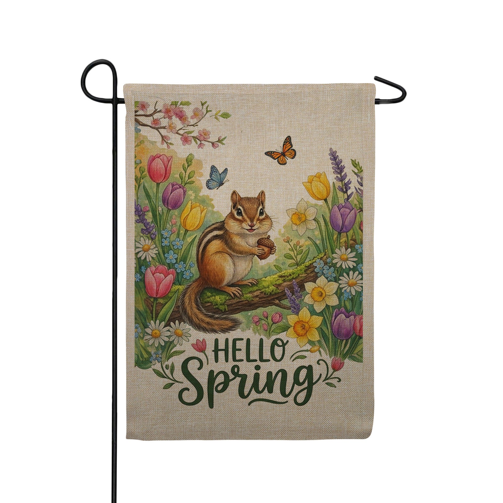 America Forever Hello Spring Chipmunk with Tulips and Butterflies Burlap Garden Flag
