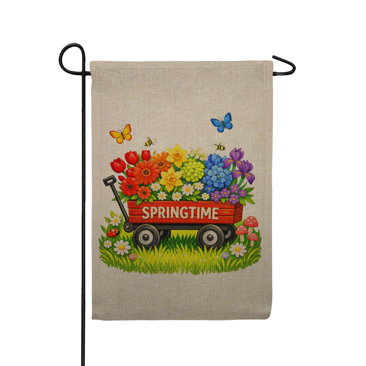 America Forever Springtime Red Wagon with Colorful Flowers Burlap Garden Flag