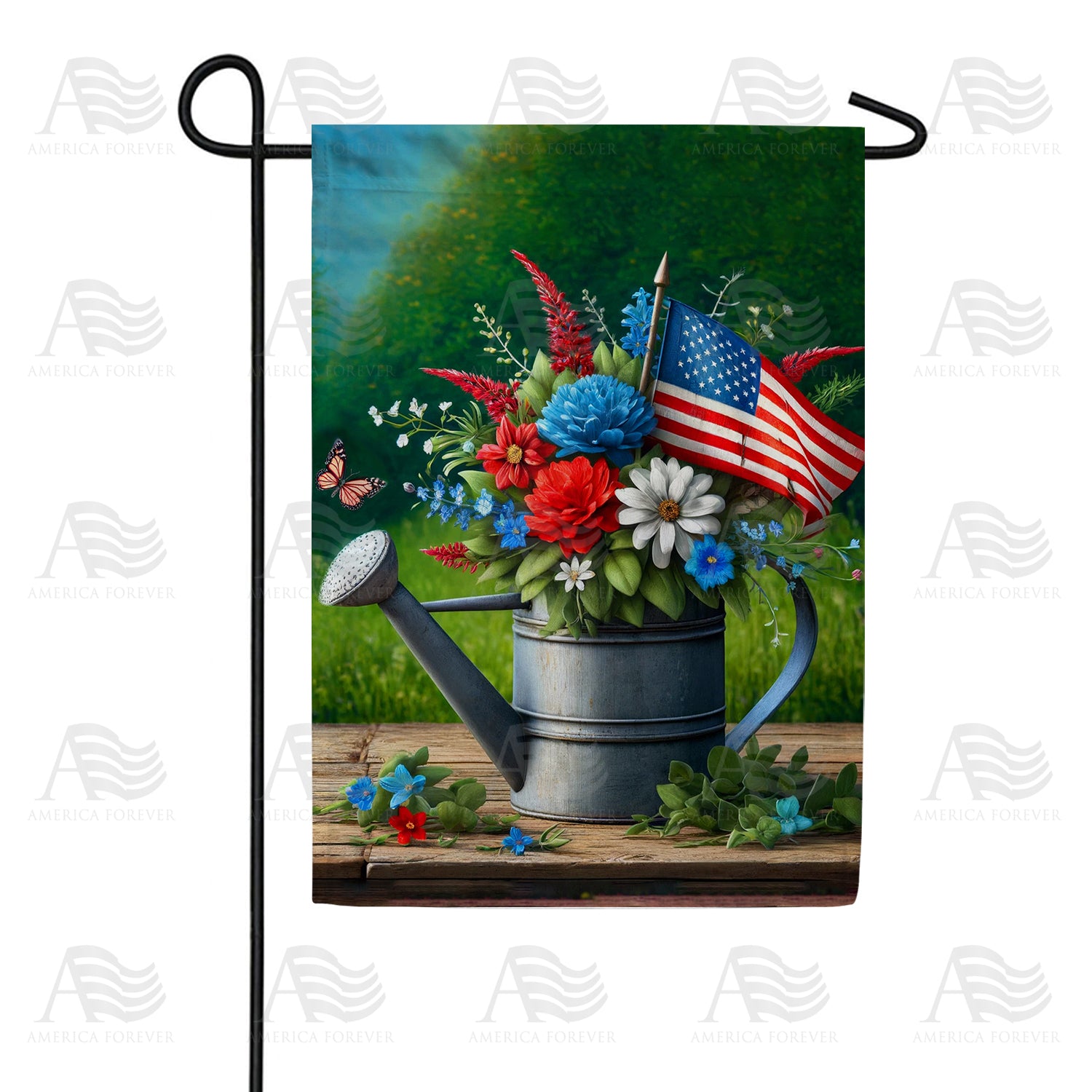 Patriotic Floral Watering Can Double Sided Garden Flag
