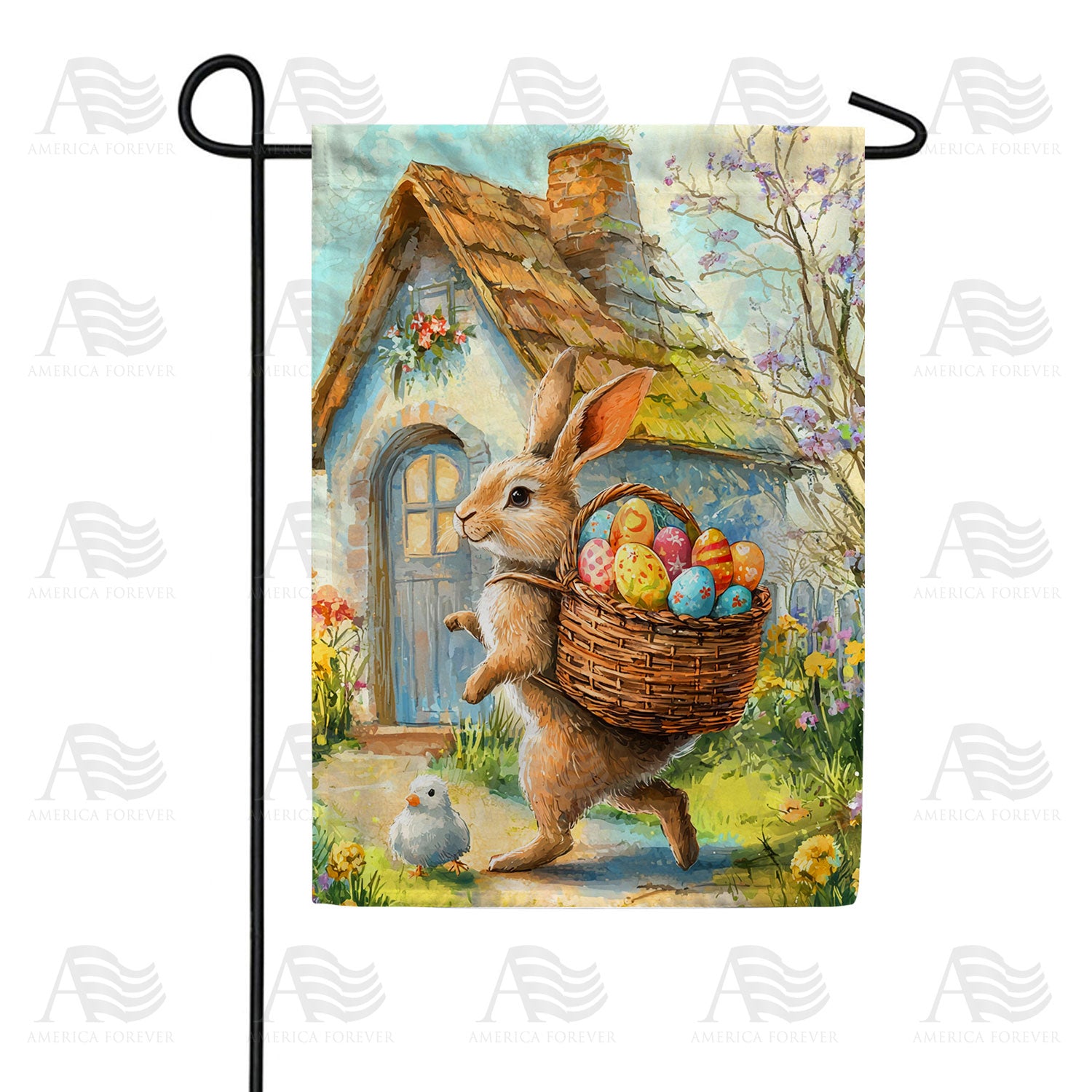 Easter Bunny Cottage Basket Double Sided Garden Flag