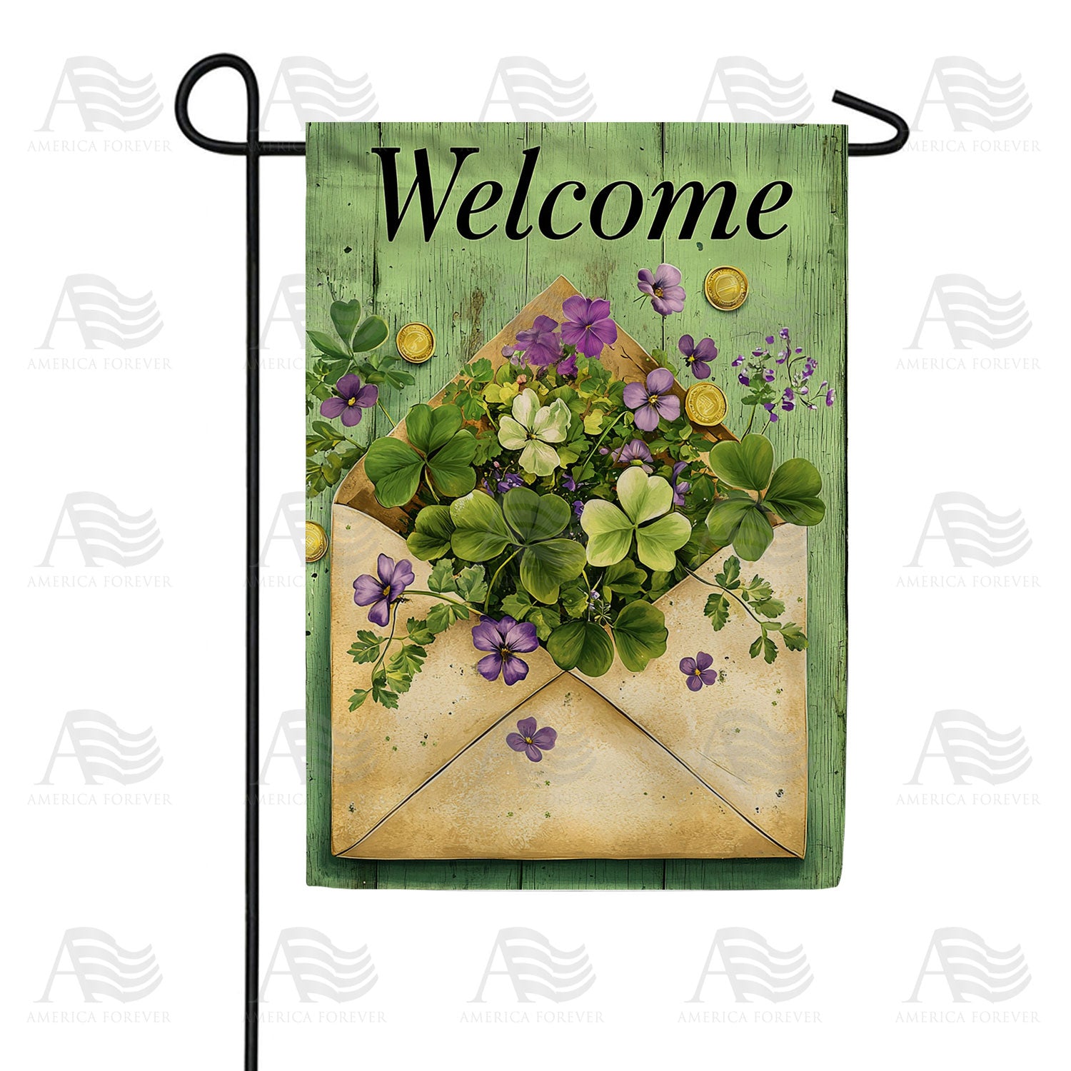 Welcome Shamrock Violet Envelope Double Sided Garden Flag