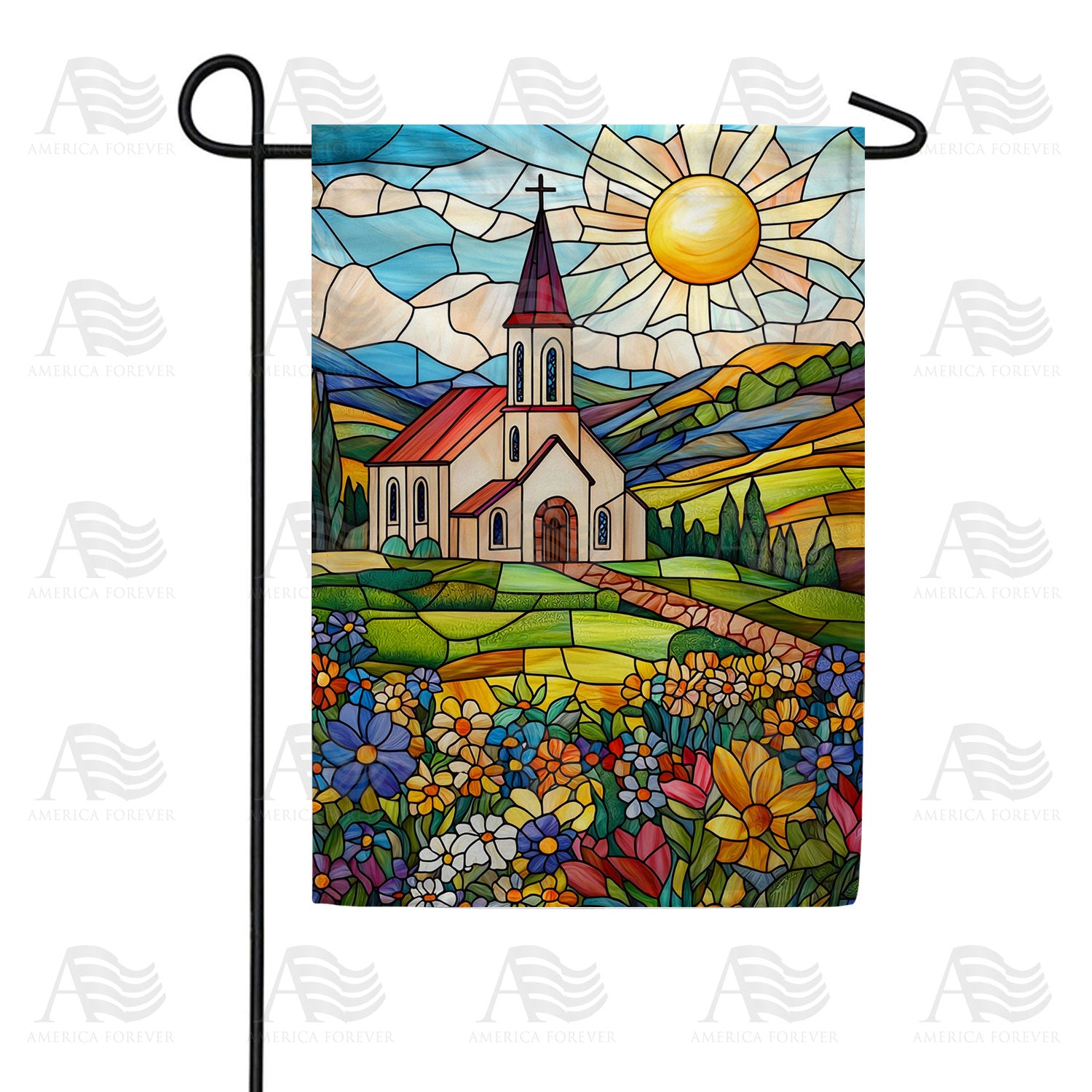 Stained Glass Church Meadow Double Sided Garden Flag