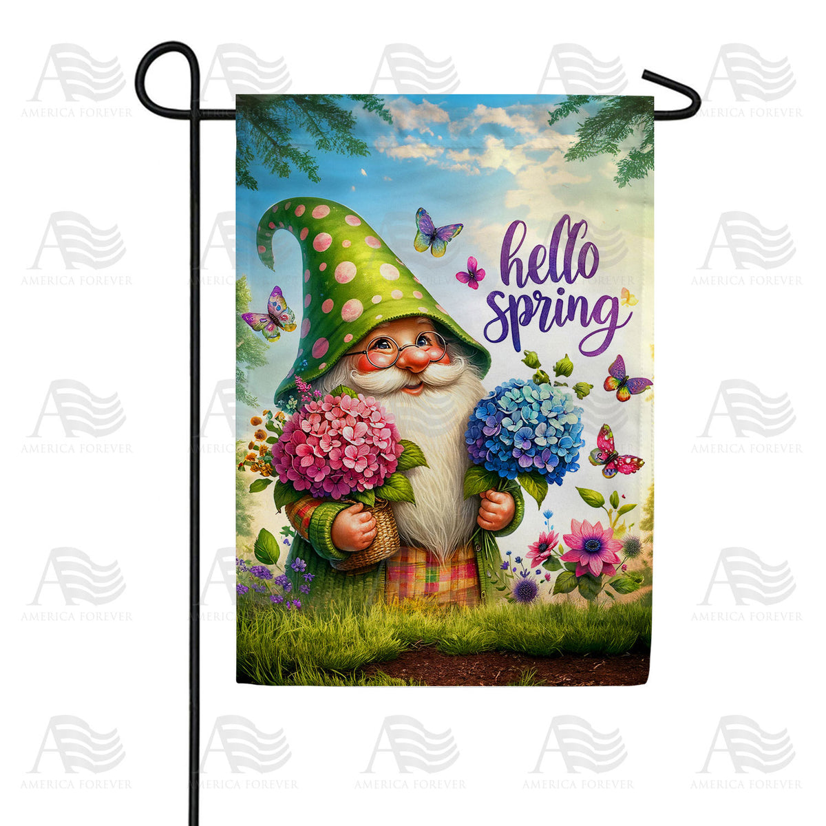 Hello Spring Garden Gnome Hydrangea Double Sided Garden Flag