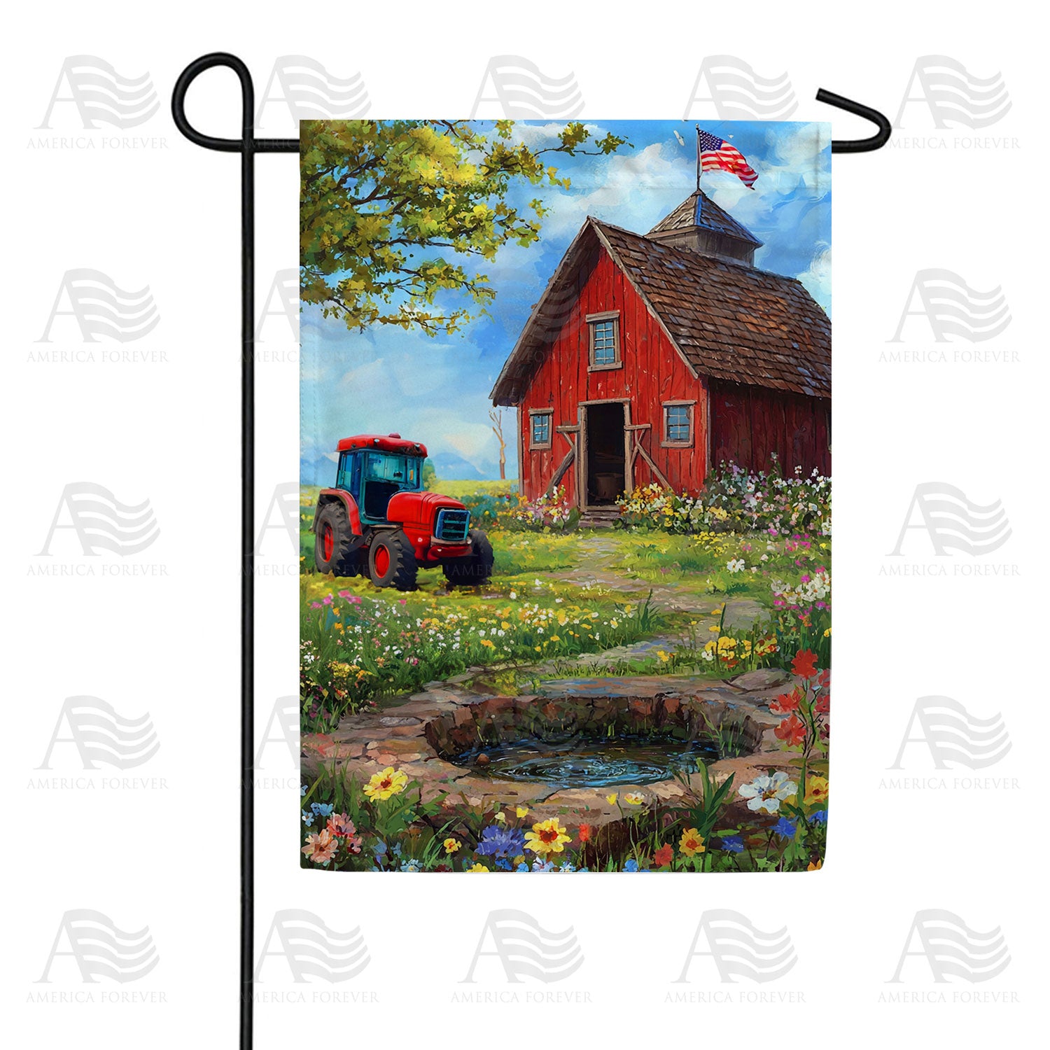 Patriotic Red Schoolhouse Farm Scene Double Sided Garden Flag