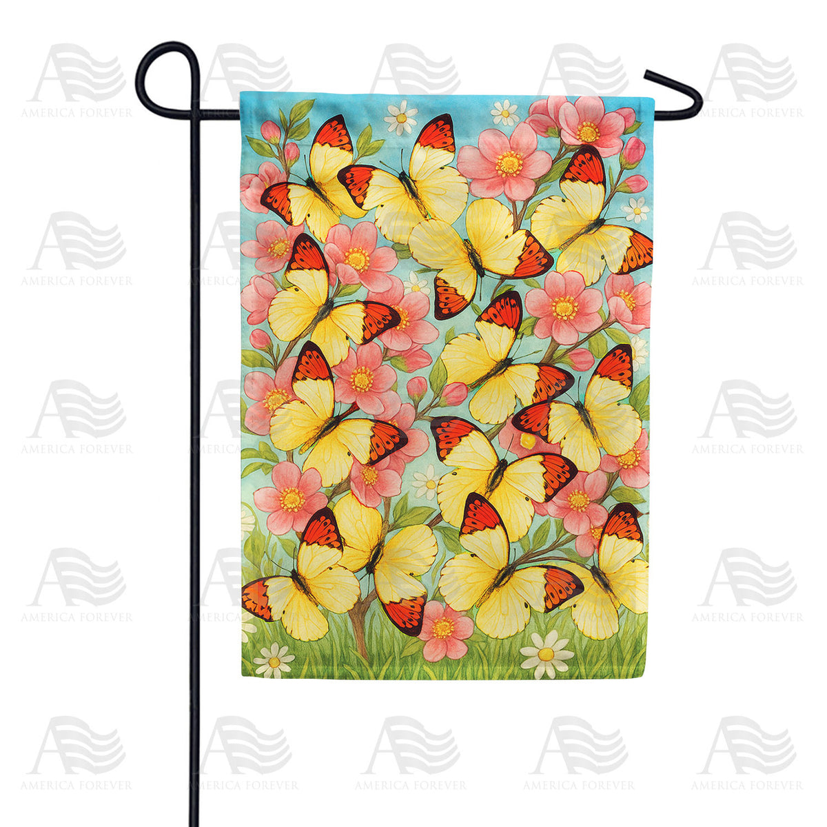 Yellow Butterflies Pink Flowers Double Sided Garden Flag