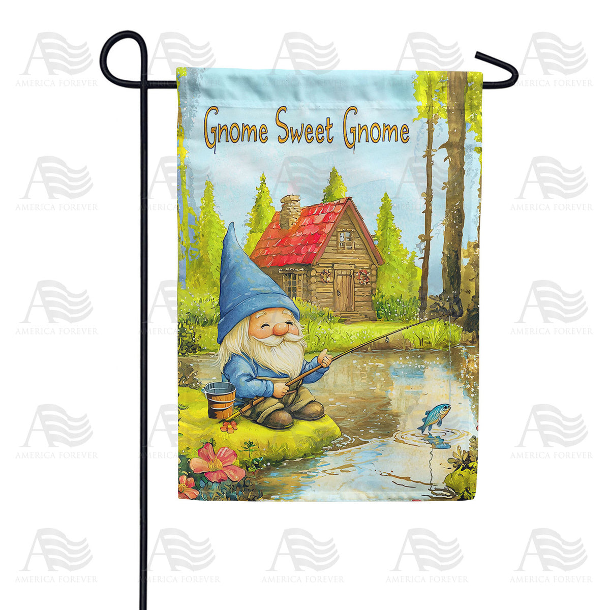 Gnome Sweet Gnome Fishing Cabin Double Sided Garden Flag