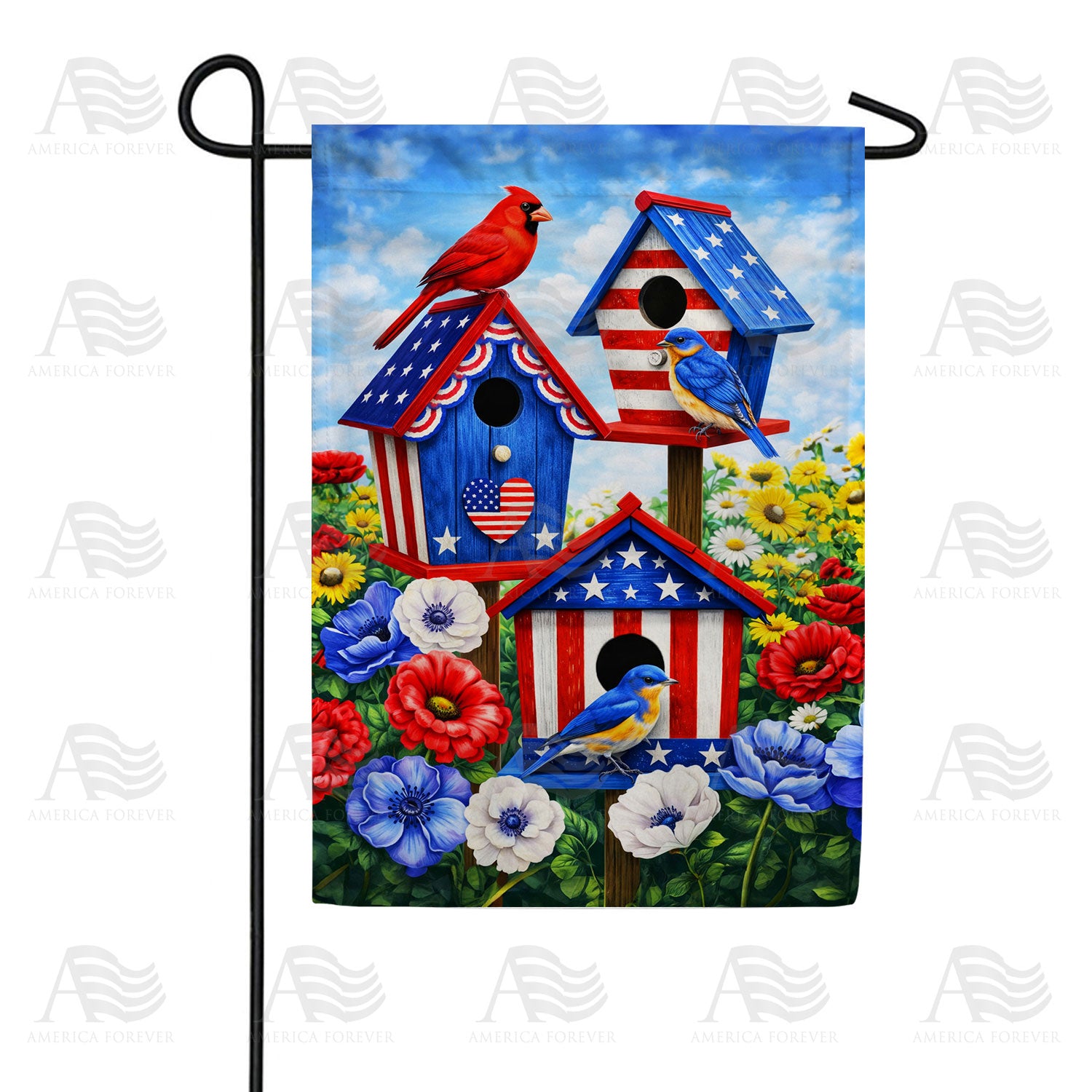 Patriotic Red Cardinals and Bluebirds Birdhouse Double Sided Garden Flag - 12.5" x 18"