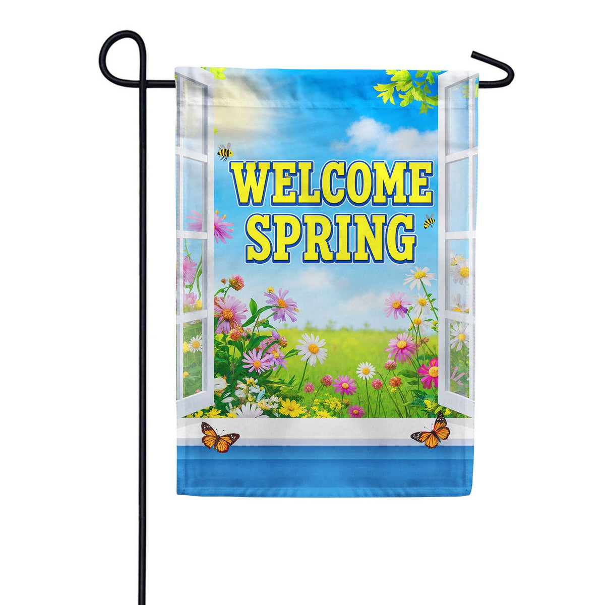 Welcome Spring Floral Window Scene Garden Flag