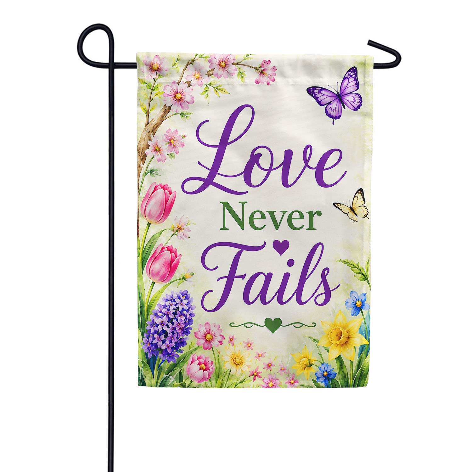 Love Never Fails Spring Floral Butterflies Garden Flag