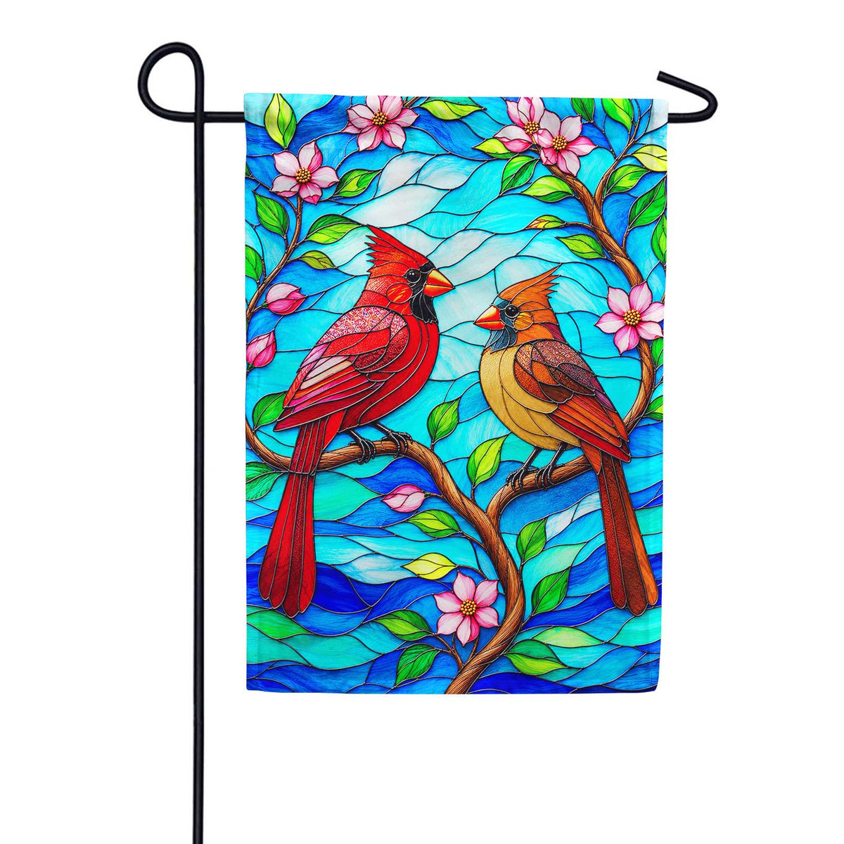 Stained Glass Cardinals with Pink Blossoms Garden Flag