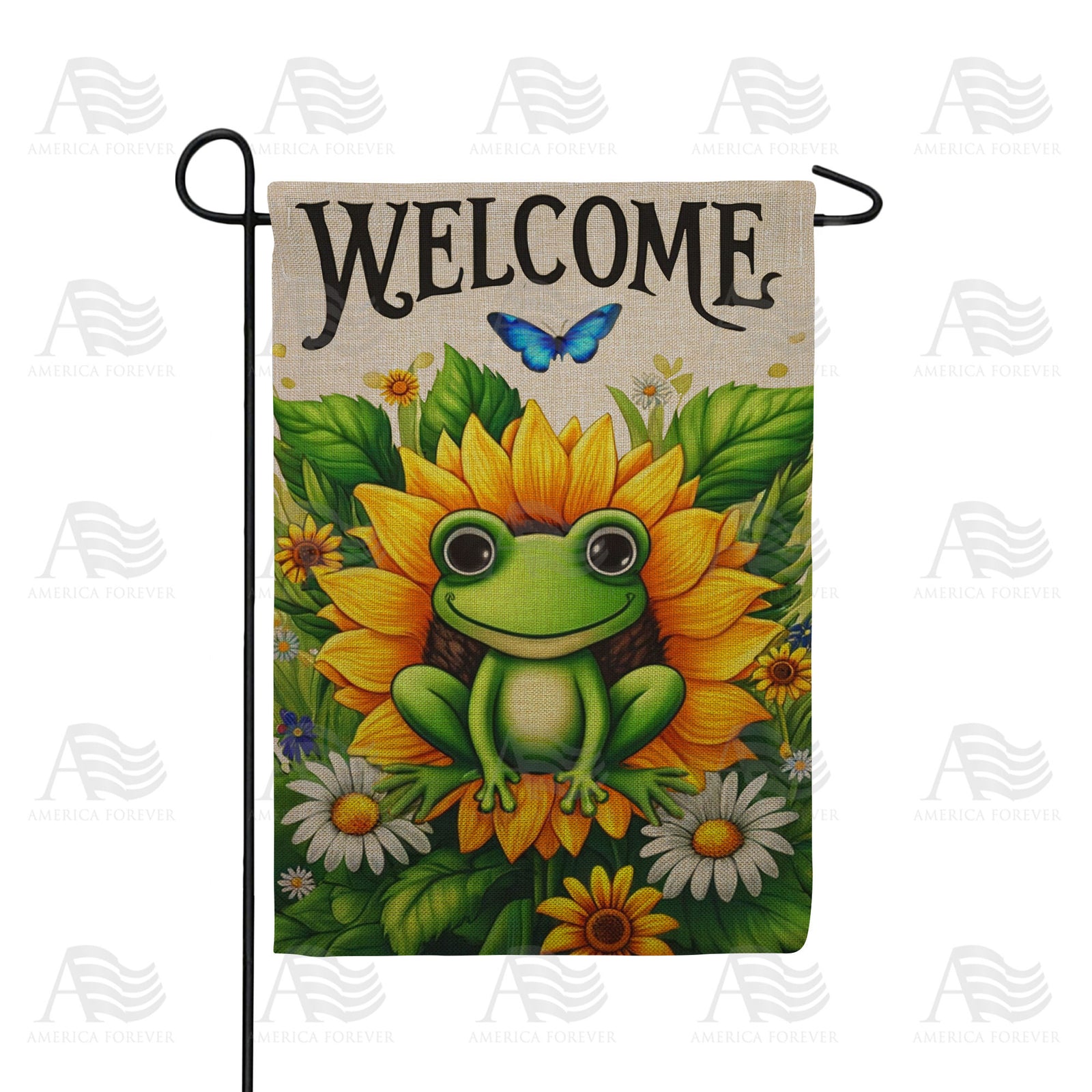Welcome Frog Sunflower Double Sided Burlap Garden Flag