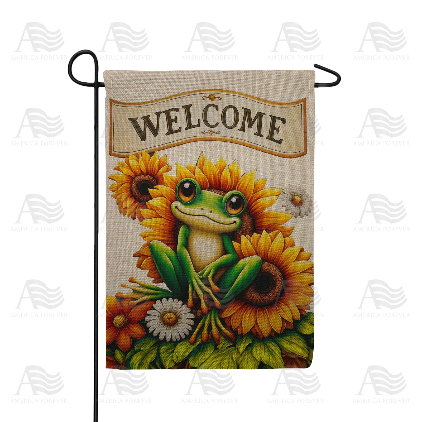Welcome Frog Sunflowers Banner Double Sided Burlap Garden Flag