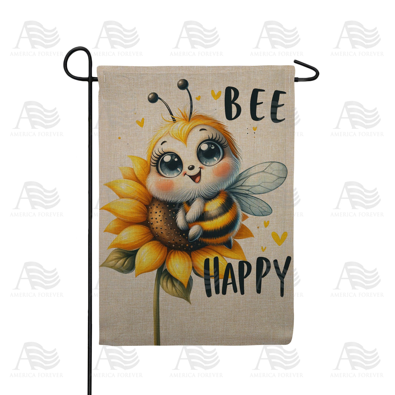 Bee Happy Fluffy Bee Double Sided Burlap Garden Flag