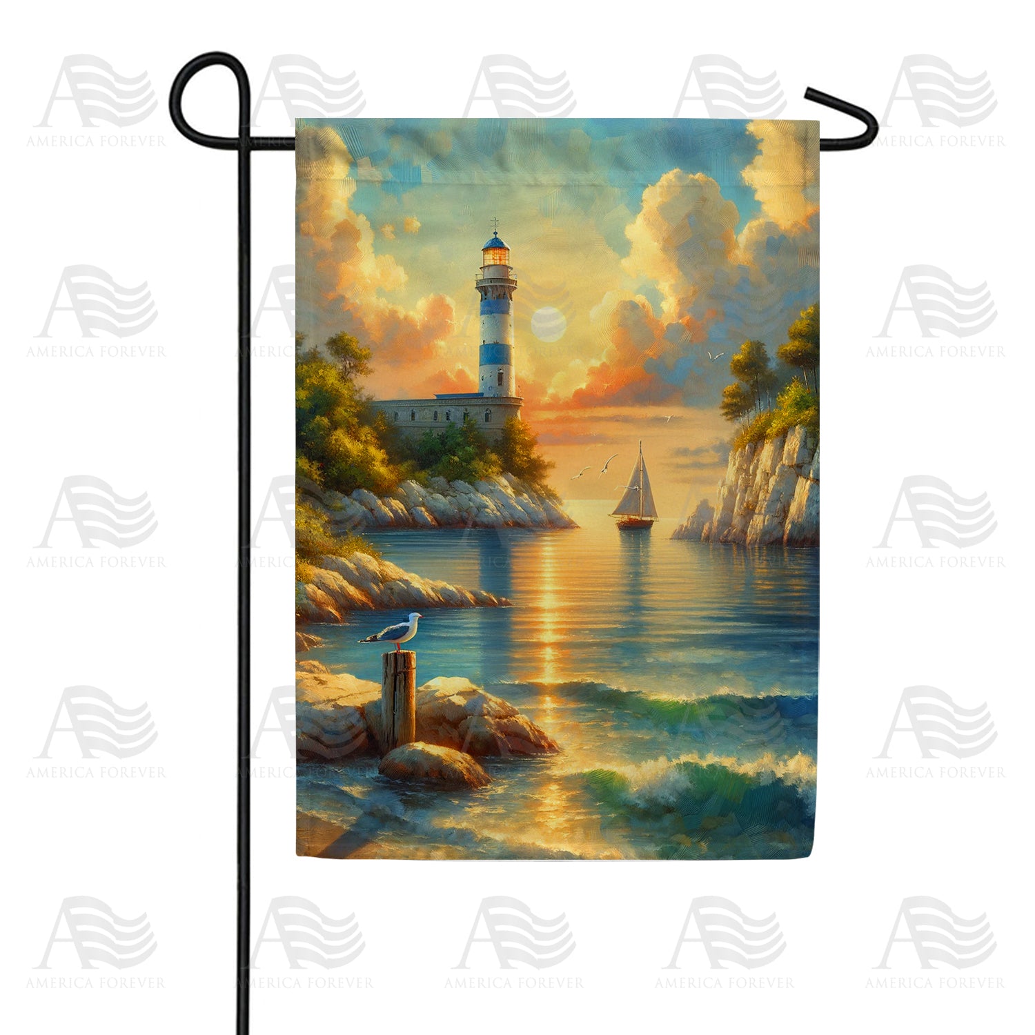 Sunset Lighthouse Watch Double Sided Garden Flag