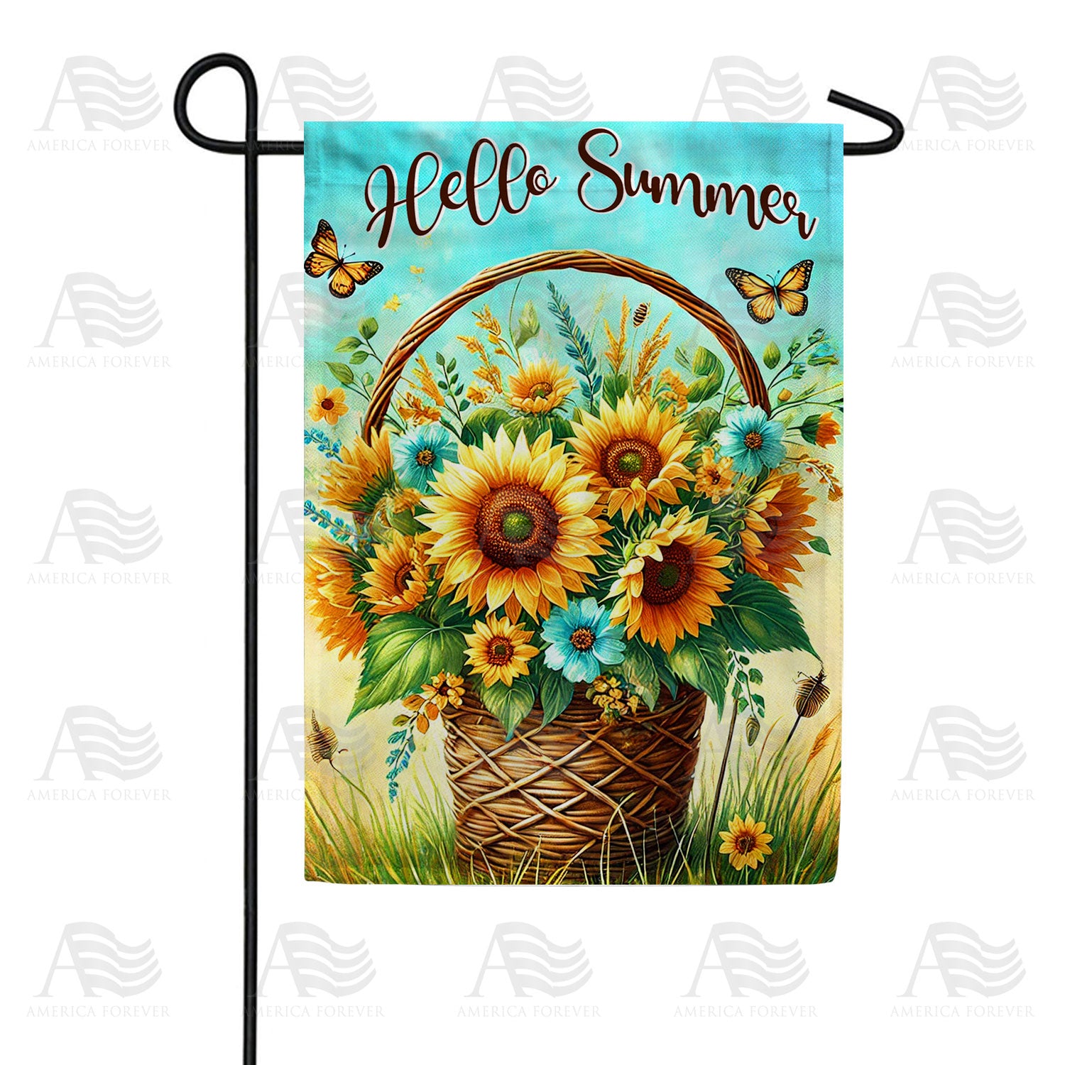 Hello Summer Sunflower Basket Double Sided Garden Flag