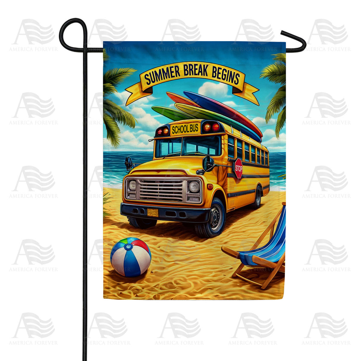 Summer Break Begins School Bus Beach Double Sided Garden Flag