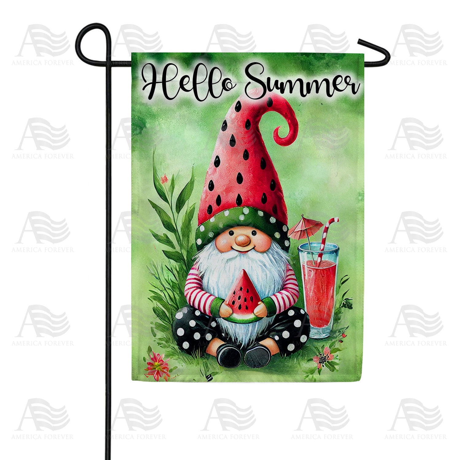 Hello Summer Watermelon Gnome Double Sided Garden Flag