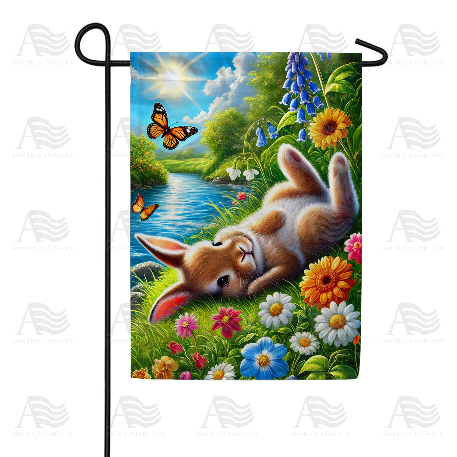Peaceful Bunny Butterfly Garden Scene Double Sided Garden Flag
