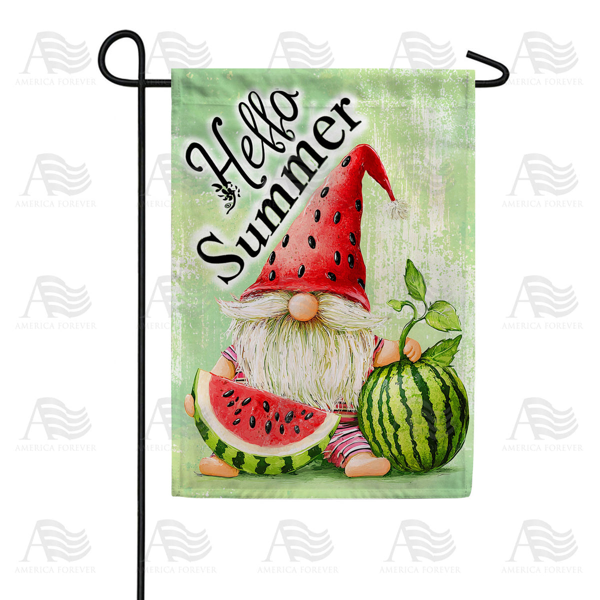 Hello Summer Watermelon Gnome Slice Double Sided Garden Flag