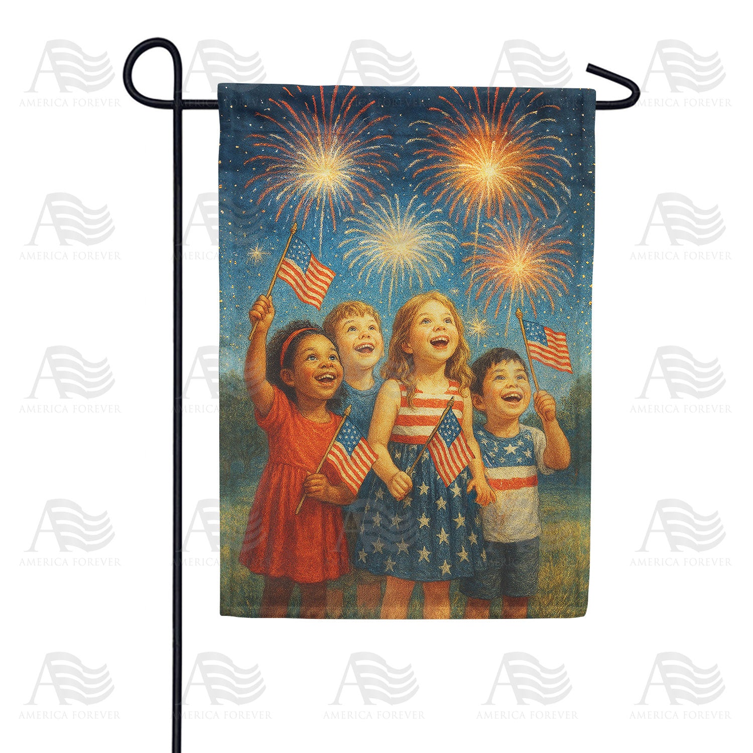 Children Watching Fireworks 4th of July Double Sided Garden Flag