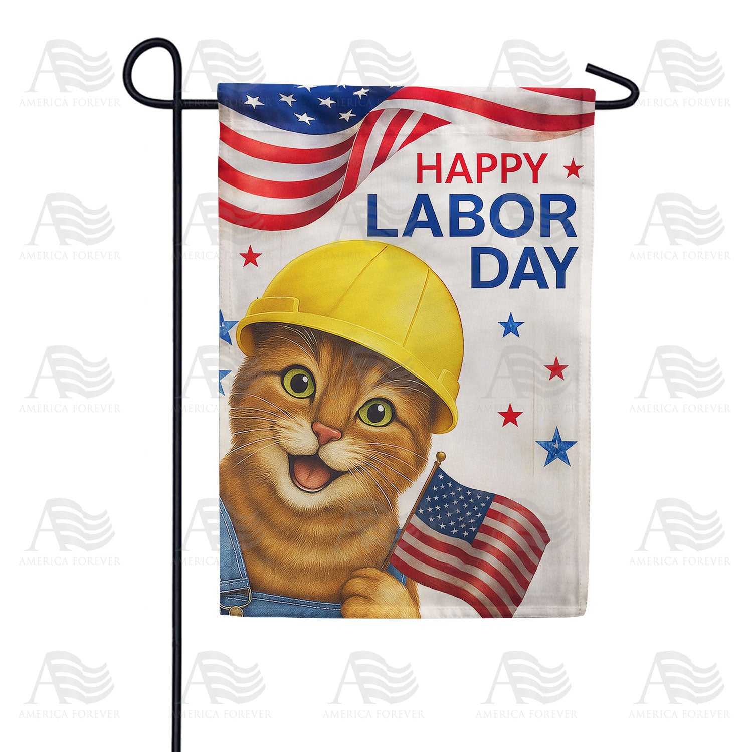 Happy Labor Day Worker Cat Double Sided Garden Flag